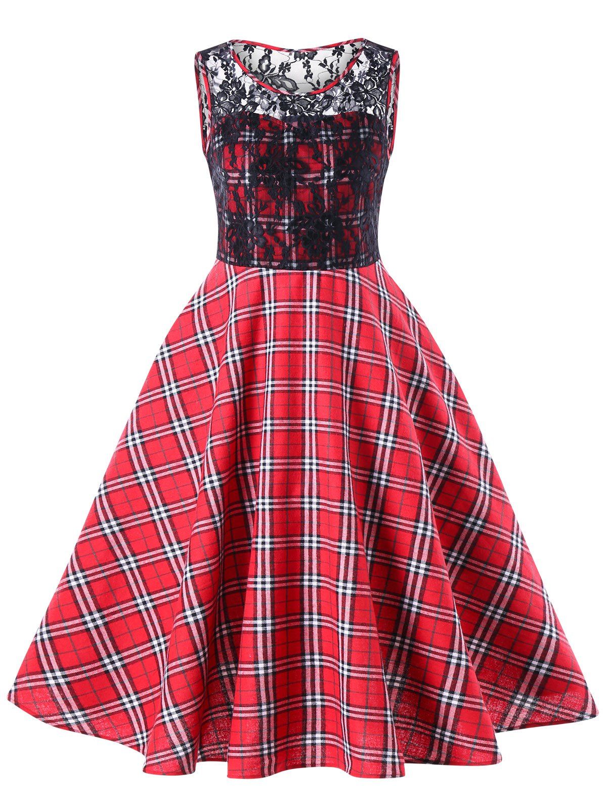 

Lace Trim Plaid Sleeveless 50s Swing Dress, Red