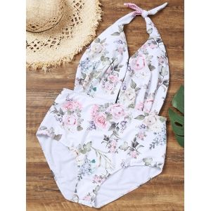 

Halter Floral Plus Size One-piece Bathing Suit, White