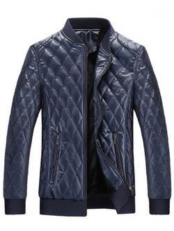 Zip Up Checkered Faux Leather Jacket - BLUE - M