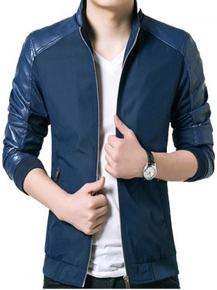Stand Collar Faux Leather Panel Zip Up Jacket