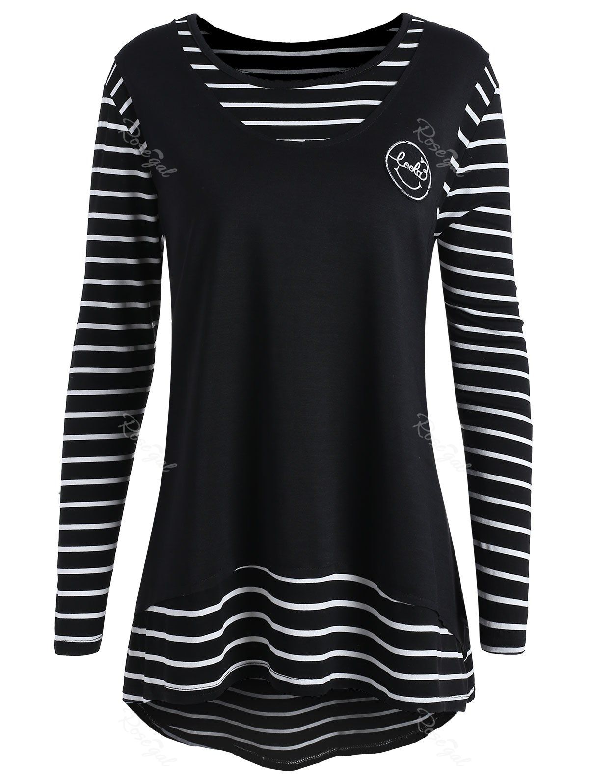 

Plus Size Faux Two Piece Striped Blouse, Black
