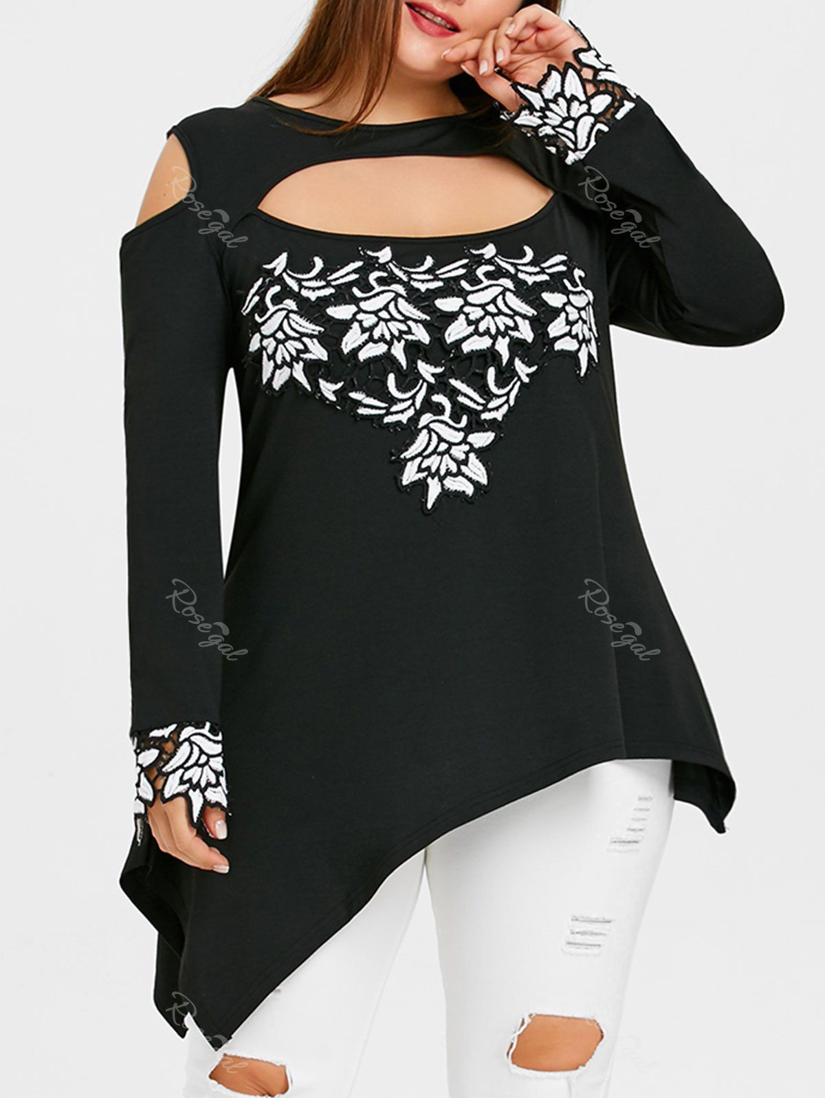 

Plus Size Cut Out Tunic Embroidery Blouse, Black