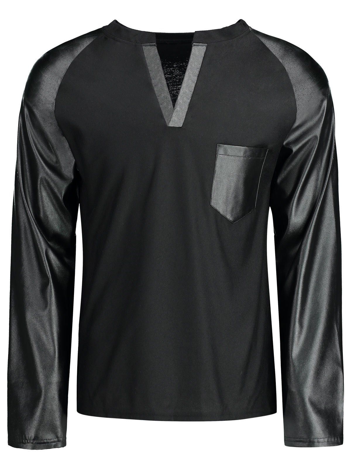 

PU Leather Panel Raglan Sleeve T-shirt, Black