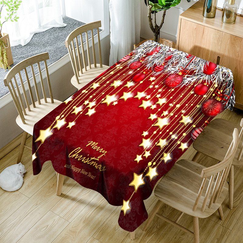 

Christmas Ball and Star Printed Waterproof Table Cloth, Red