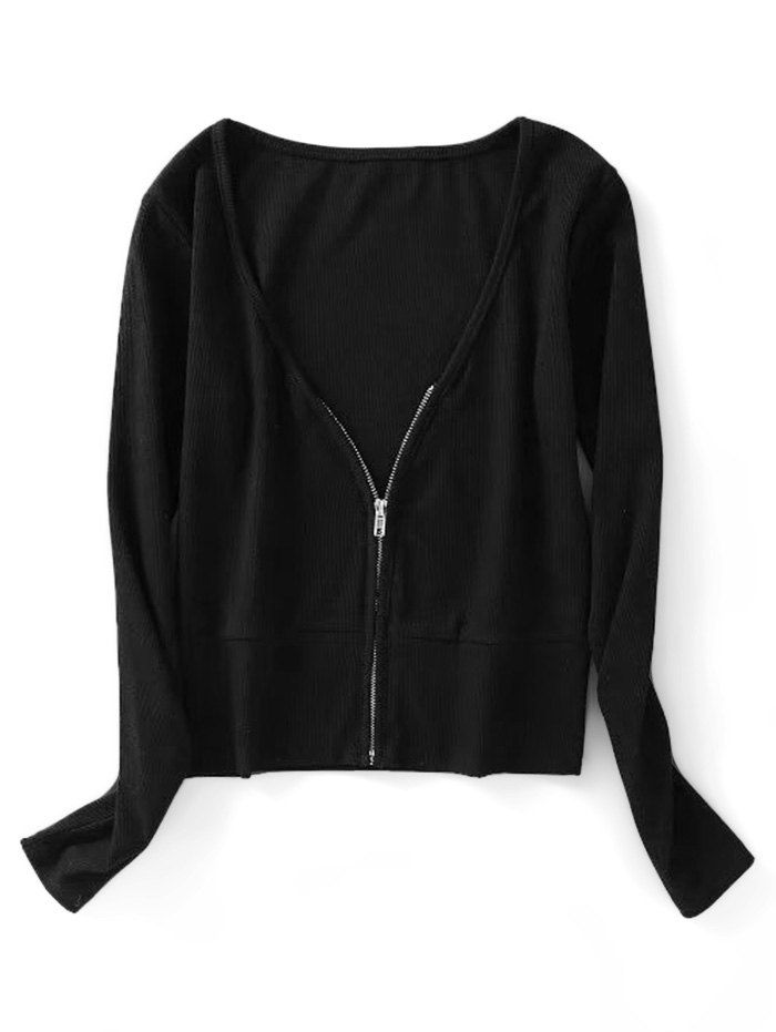 

Zip Up Knitted Ribbed Top, Black