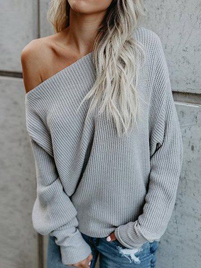 

Drop Shoulder Skew Neck Knitwear, Gray