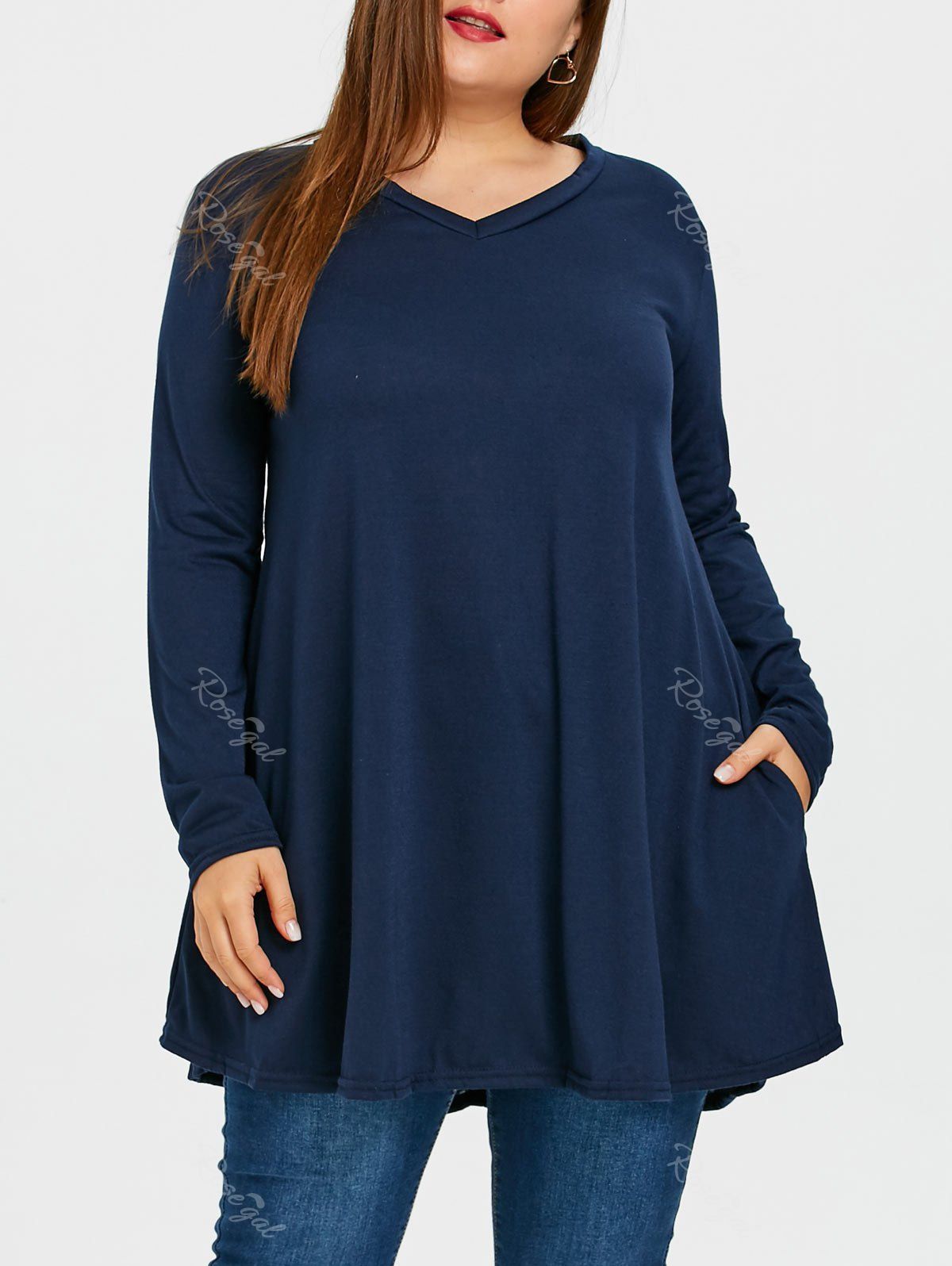 

V Neckl Plus Size Long Tunic Top, Purplish blue