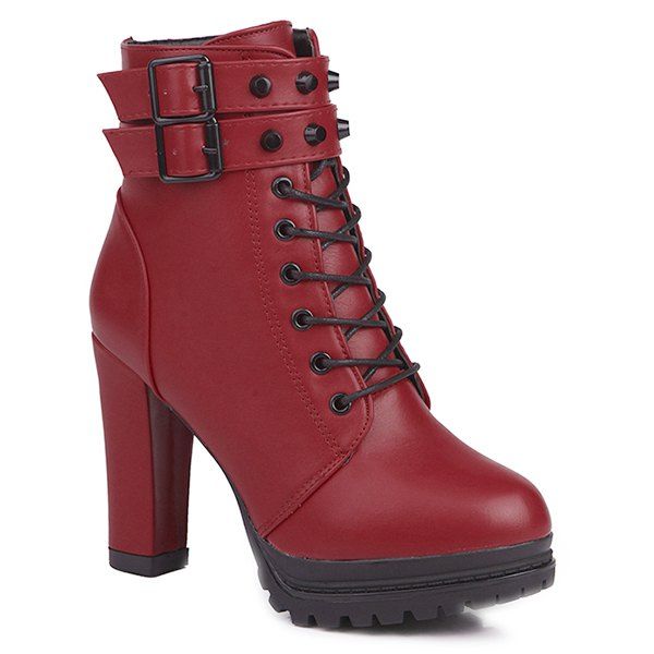 [21 OFF] High Heel Lace Up Buckle Strap Boots Rosegal