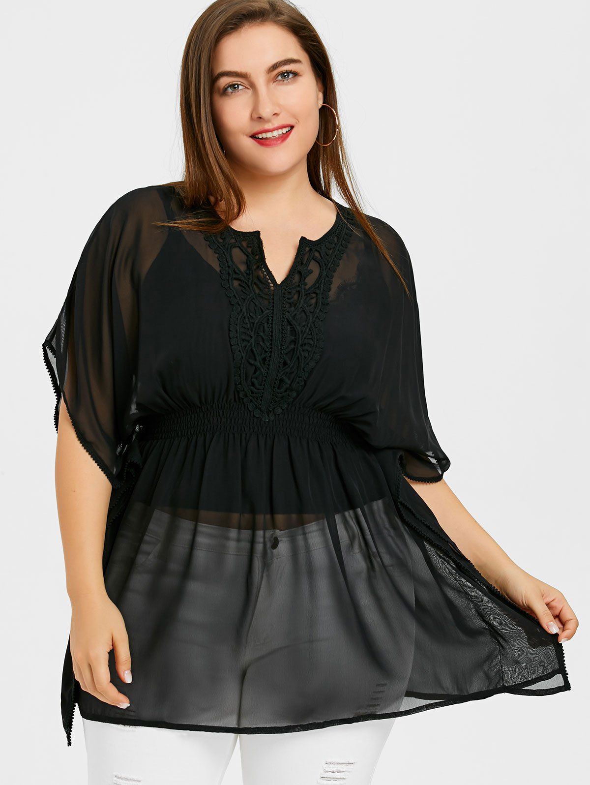 

Plus Size Kaftan Smocked Blouse, Black