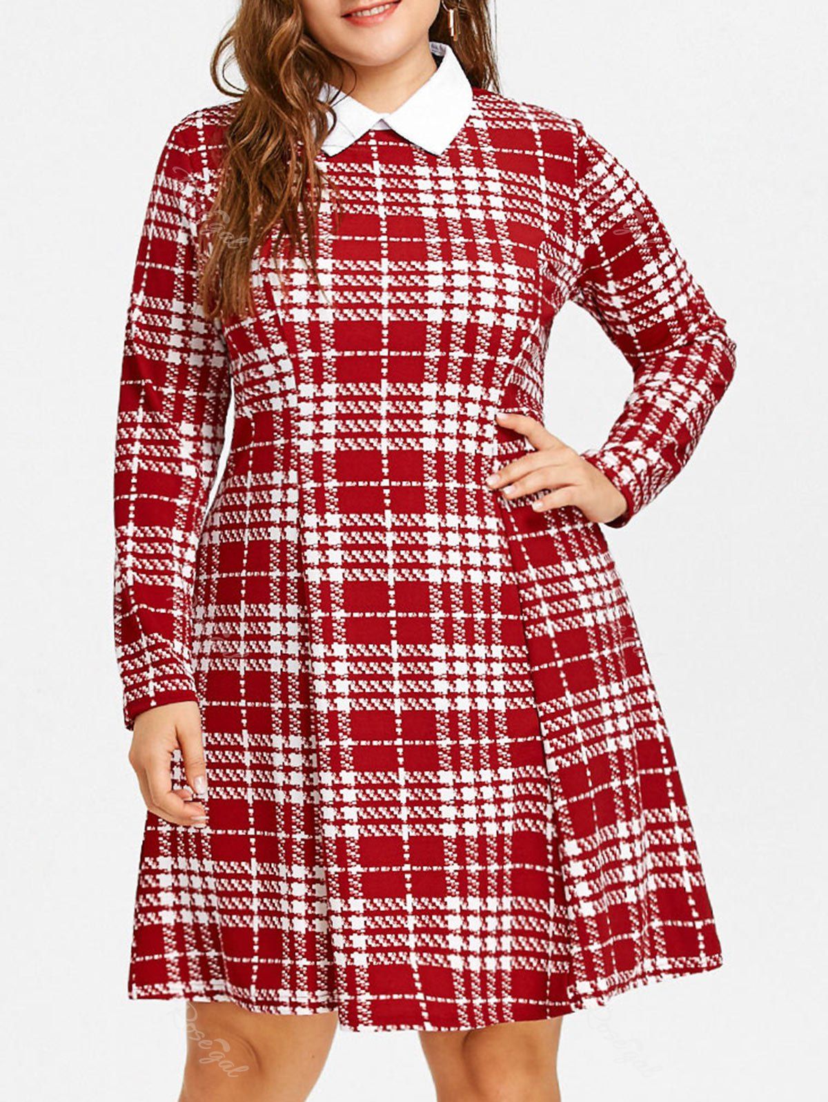 

Plus Size Flat Collar Plaid Dress, Wine red