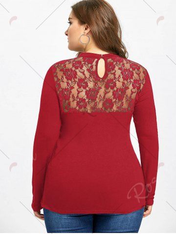 

Plus Size Lace Trim Keyhole Top, Red