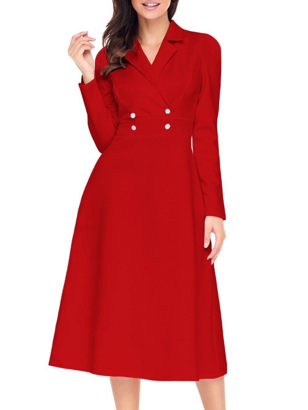 

Button A-line Lapel Collar Midi Dress, Red