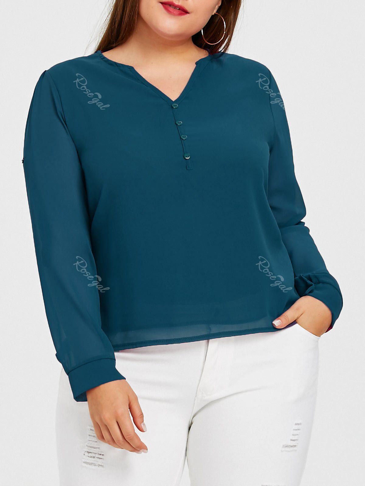 

Plus Size Button Embellished Chiffon V Neck Blouse, Peacock blue
