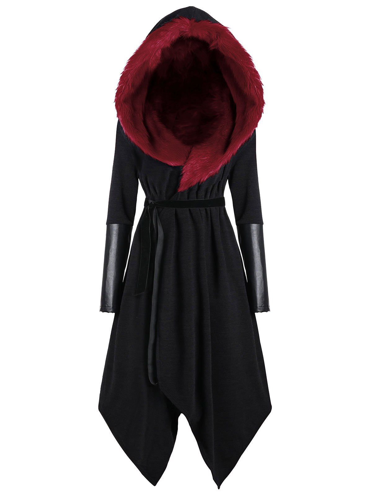 

Asymmetric Plus Size Hooded Faux Fur Insert Coat, Black&red