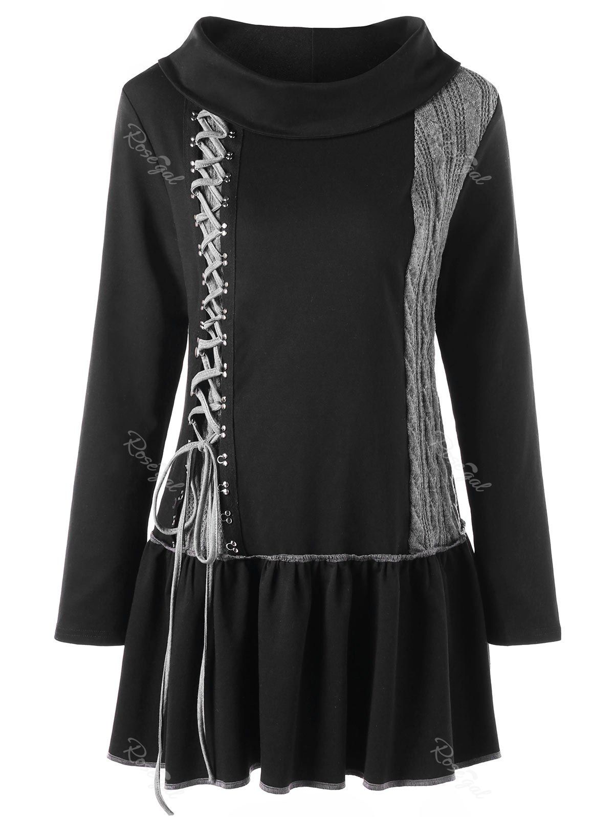 

Plus Size Lace Up Cable Knit Panel Tunic Top, Black