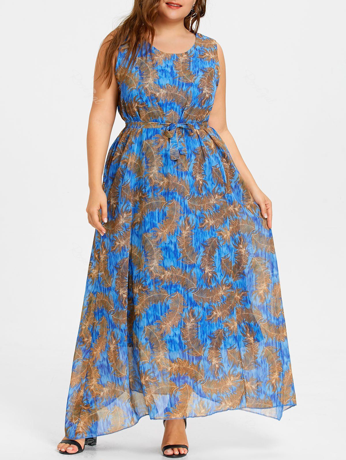 2018 Plus Size Feather Print Maxi Chiffon Beach Dress In Blue 4xl ...