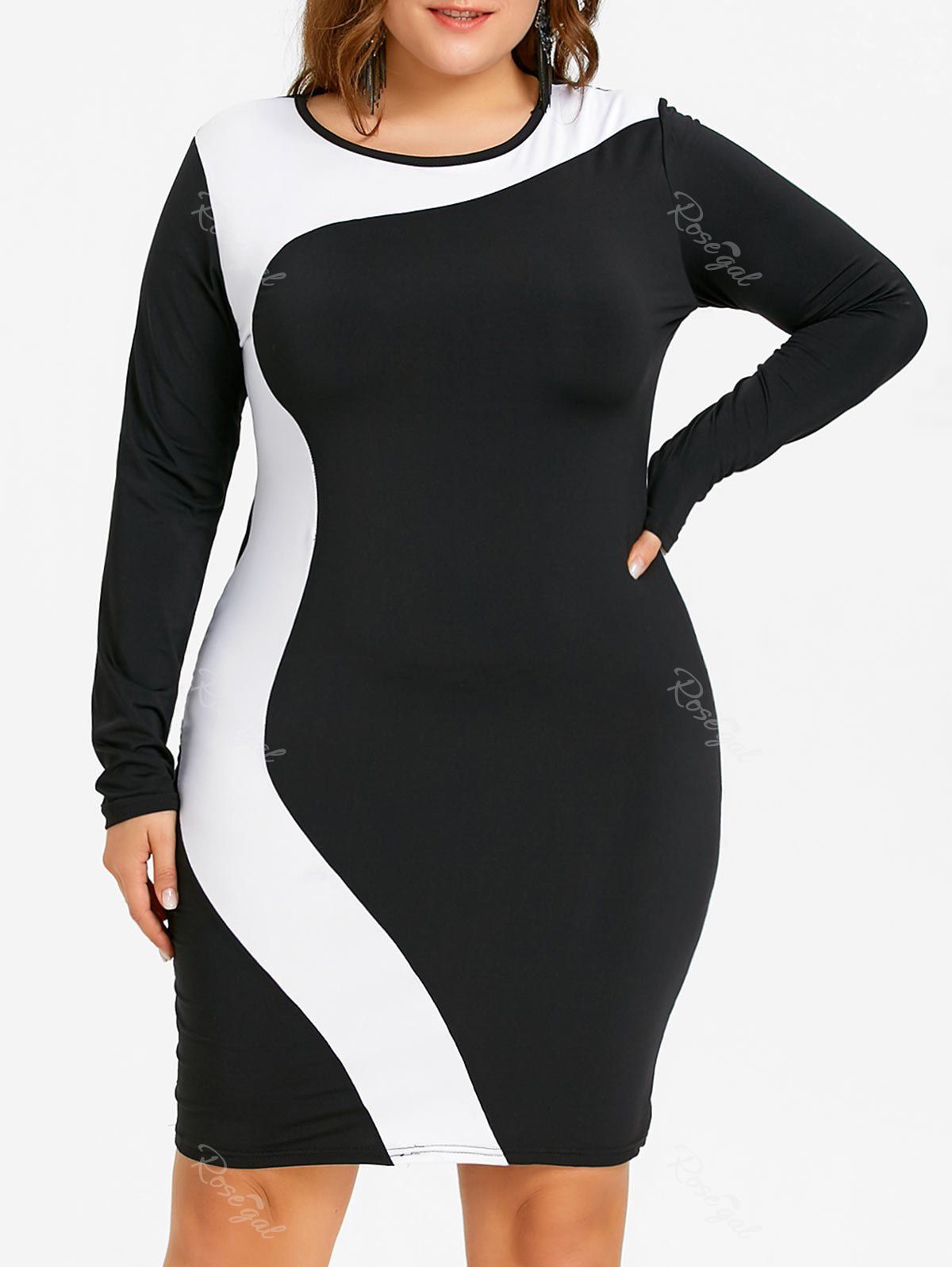 

Plus Size Two Tone Long Sleeve Dress, White and black