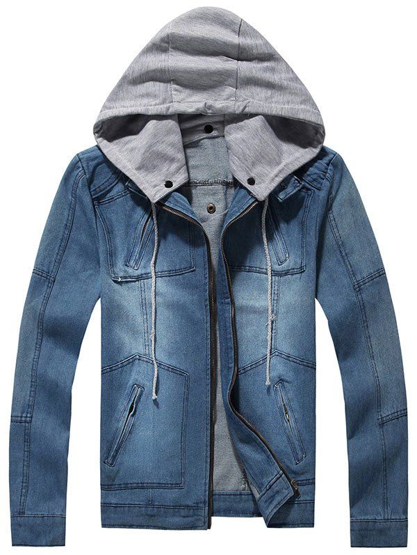 [72% OFF] Detachable Hood Zip Up Pockets Denim Jacket | Rosegal