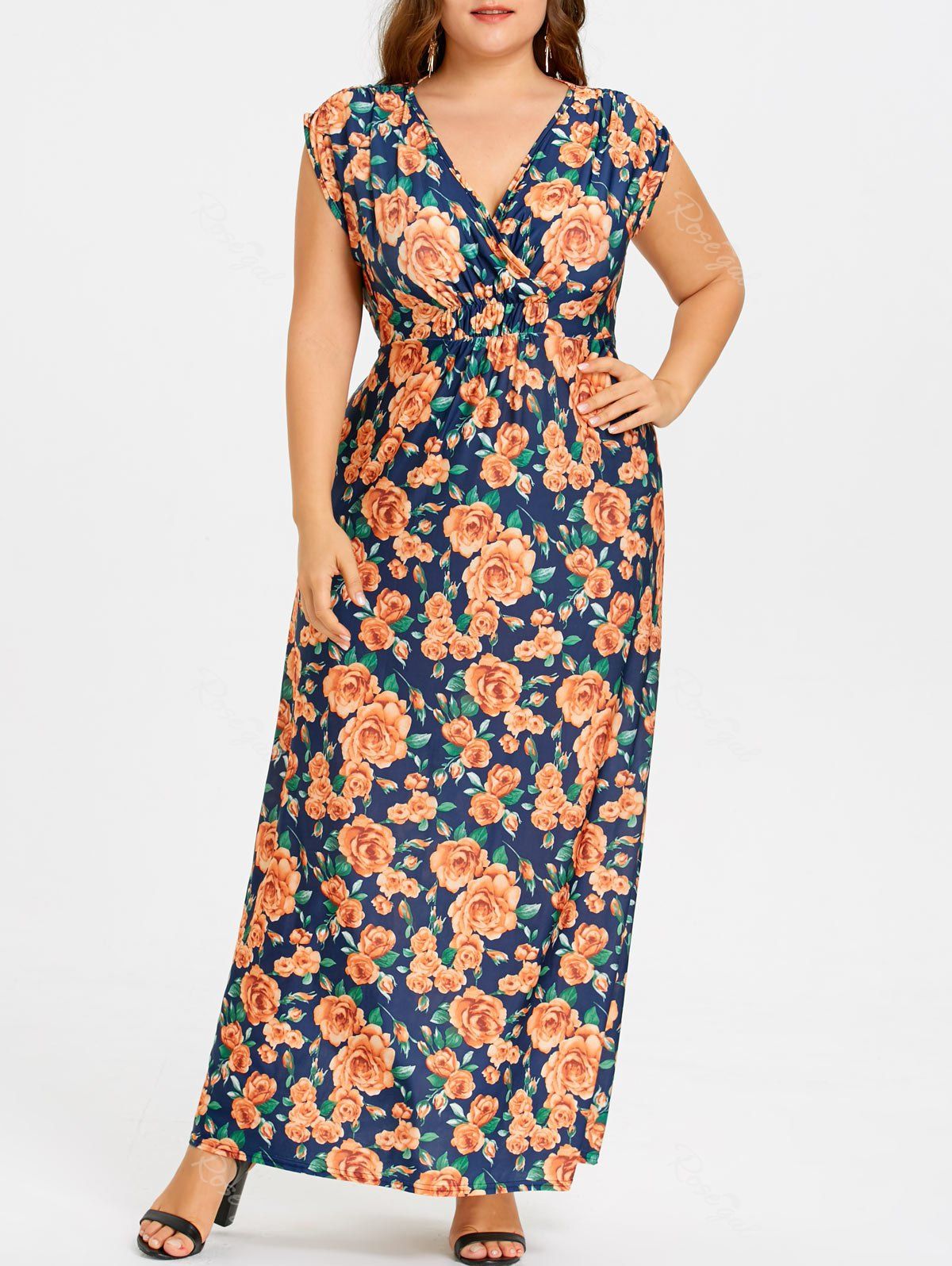 

Plus Size Rose Floral Maxi V Neck Dress