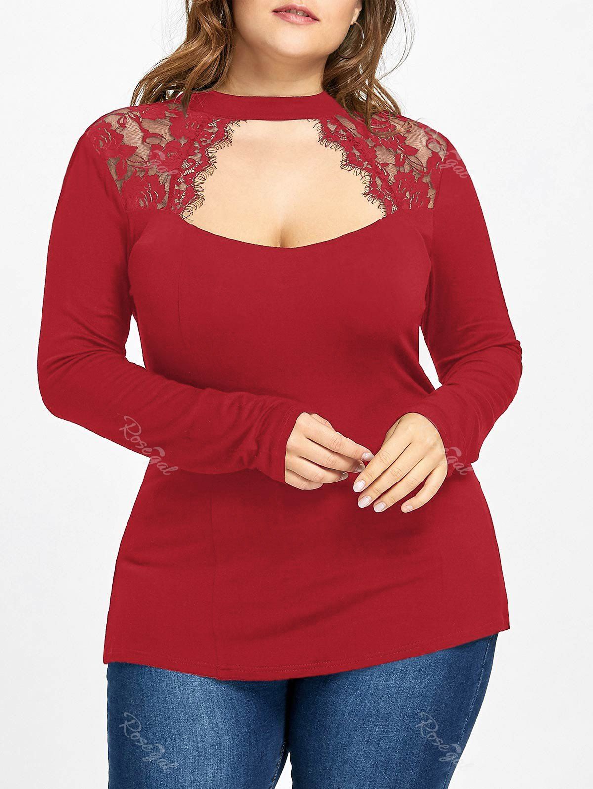 

Plus Size Lace Trim Keyhole Top, Red