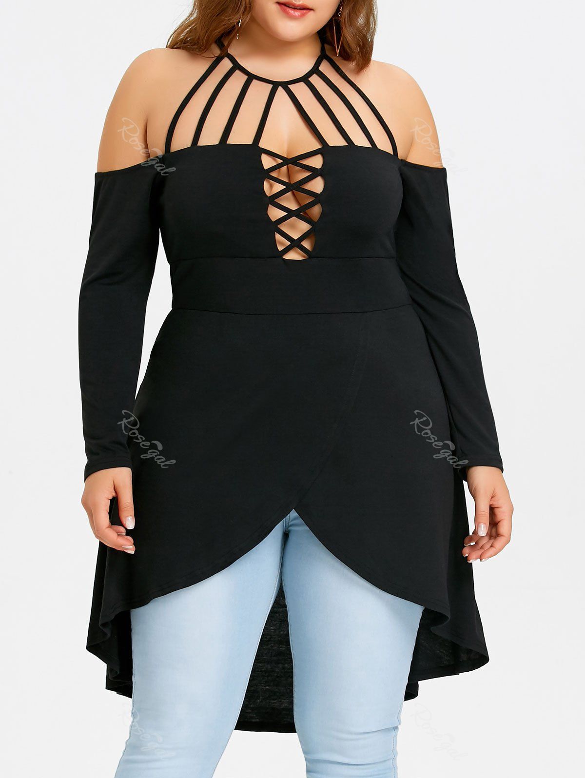 2019 plus size open shoulder strappy overlap tunic t shirt