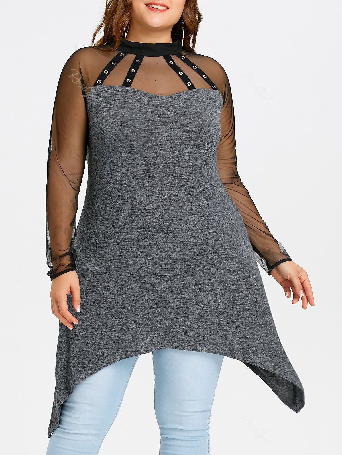 

Plus Size See Thru Crescent Hem Top, Gray