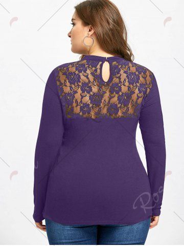 

Plus Size Lace Trim Keyhole Top, Purple