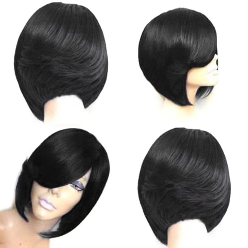 

Short Side Fringe Straight Feathered Bob Synthetic Wig, Black