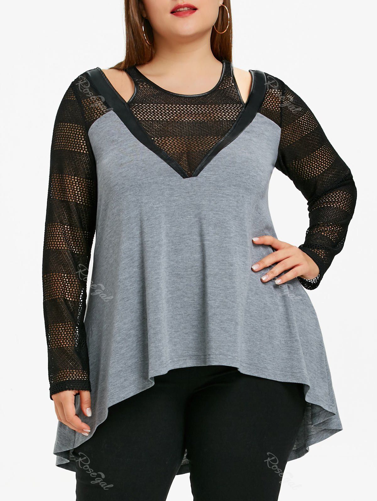 

Plus Size Mesh Trim Dip Hem Top, Gray