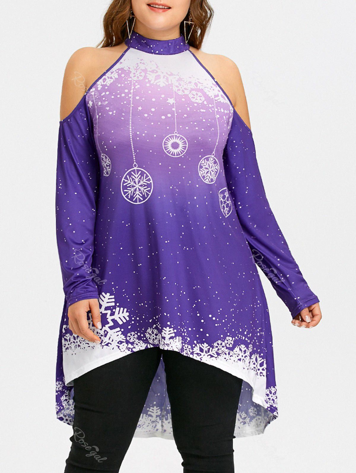 

Plus Size High Low Cold Shoulder Christmas T-shirt, Deep purple