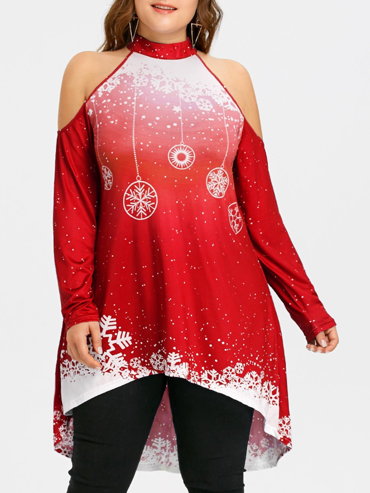 

Plus Size High Low Cold Shoulder Christmas T-shirt, Red