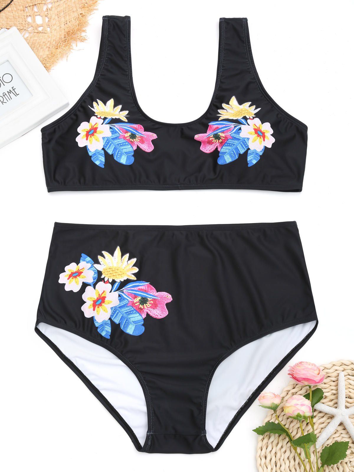 

High Waisted Floral Plus Size Bikini Set, Black