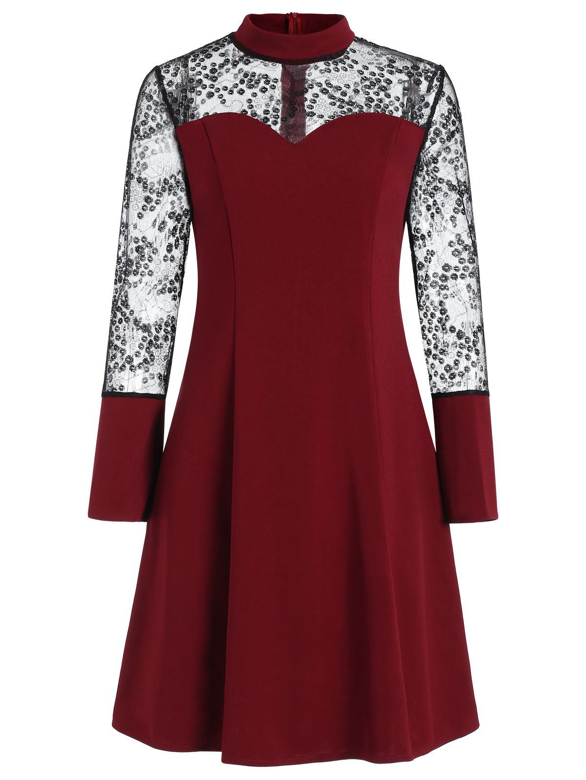 

Bell Sleeve High Neck Lace Panel Dress, Red