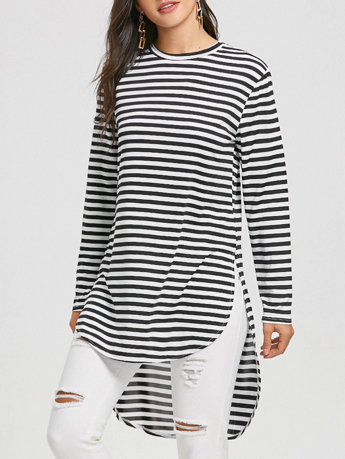 

High Low Slit Striped Top, Black stripe