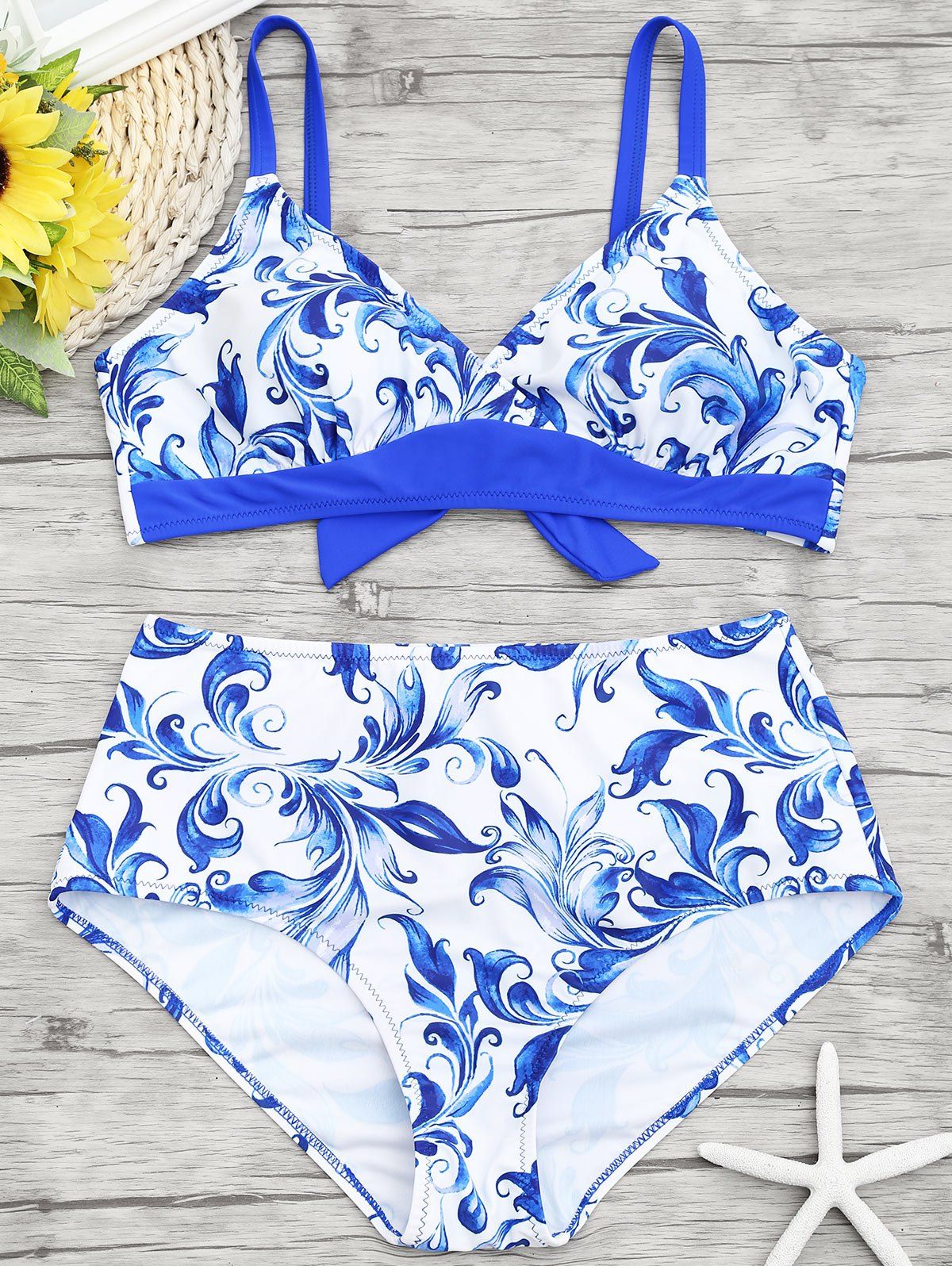 

Porcelain Print High Waisted Bikini Swimsuit, Blue