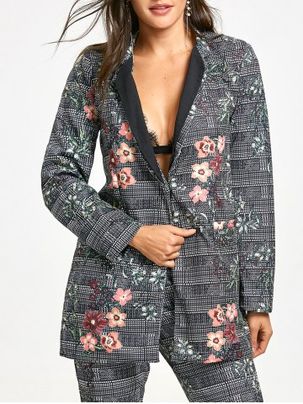 Flower Plaid Print Lapel Coat