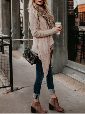 

Faux Fur Neck Asymmetrical Coat, Khaki