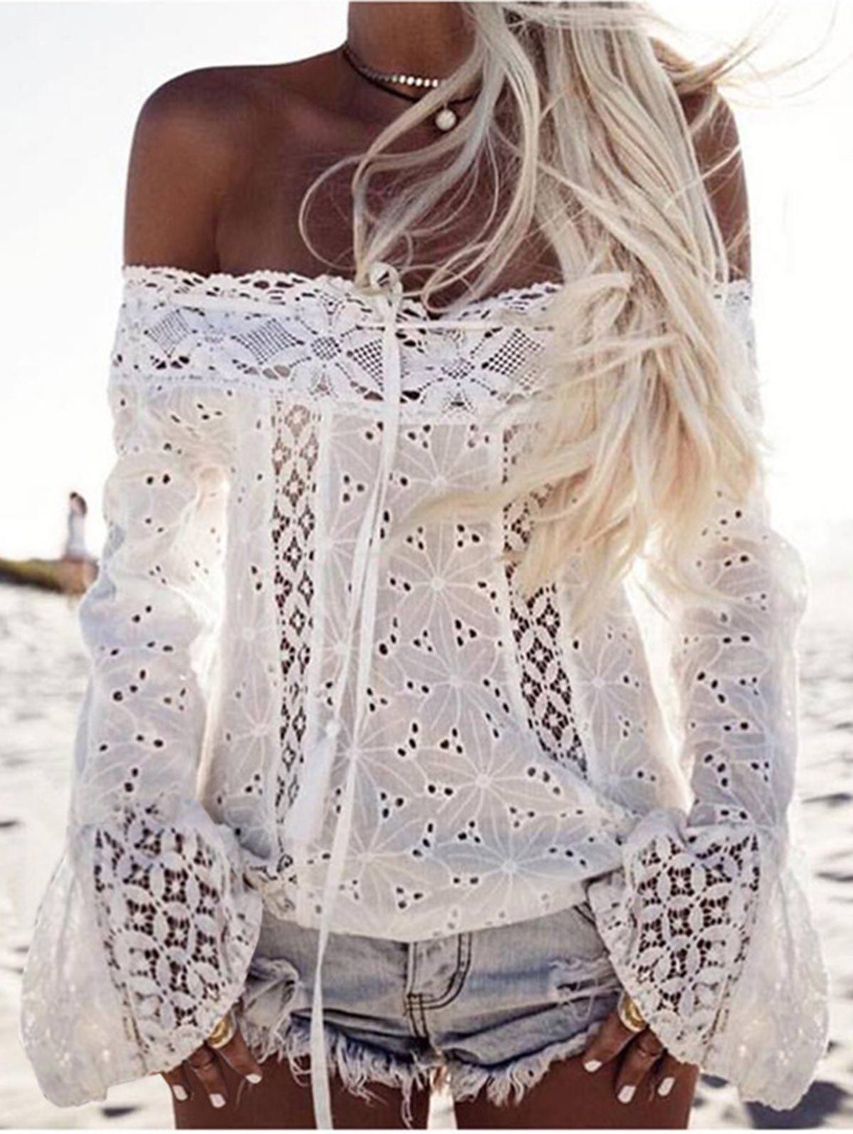 

Off Shoulder Openwork Lace Blouse, White