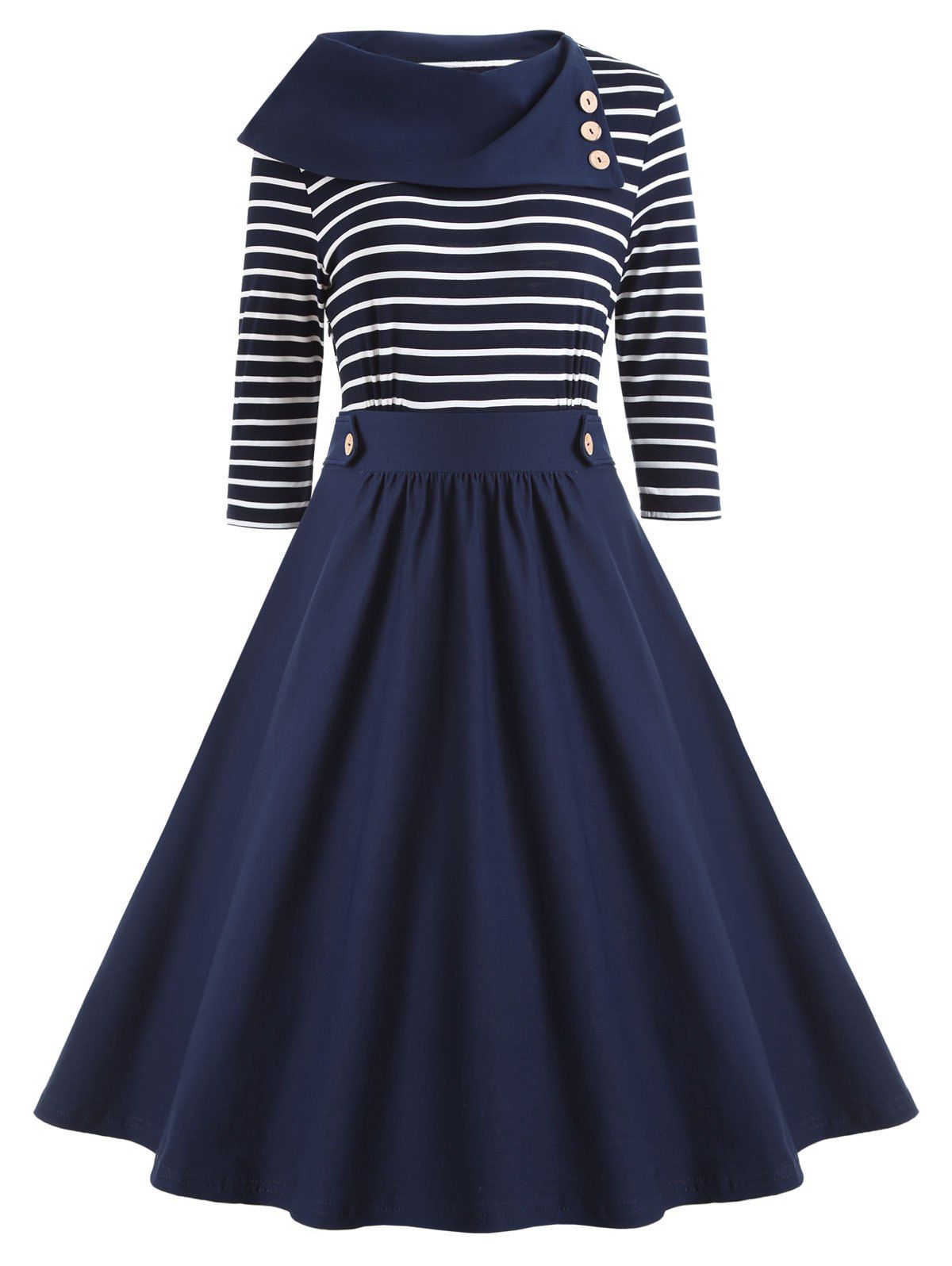 

High Waist Vintage Striped A Line Dress, Blue