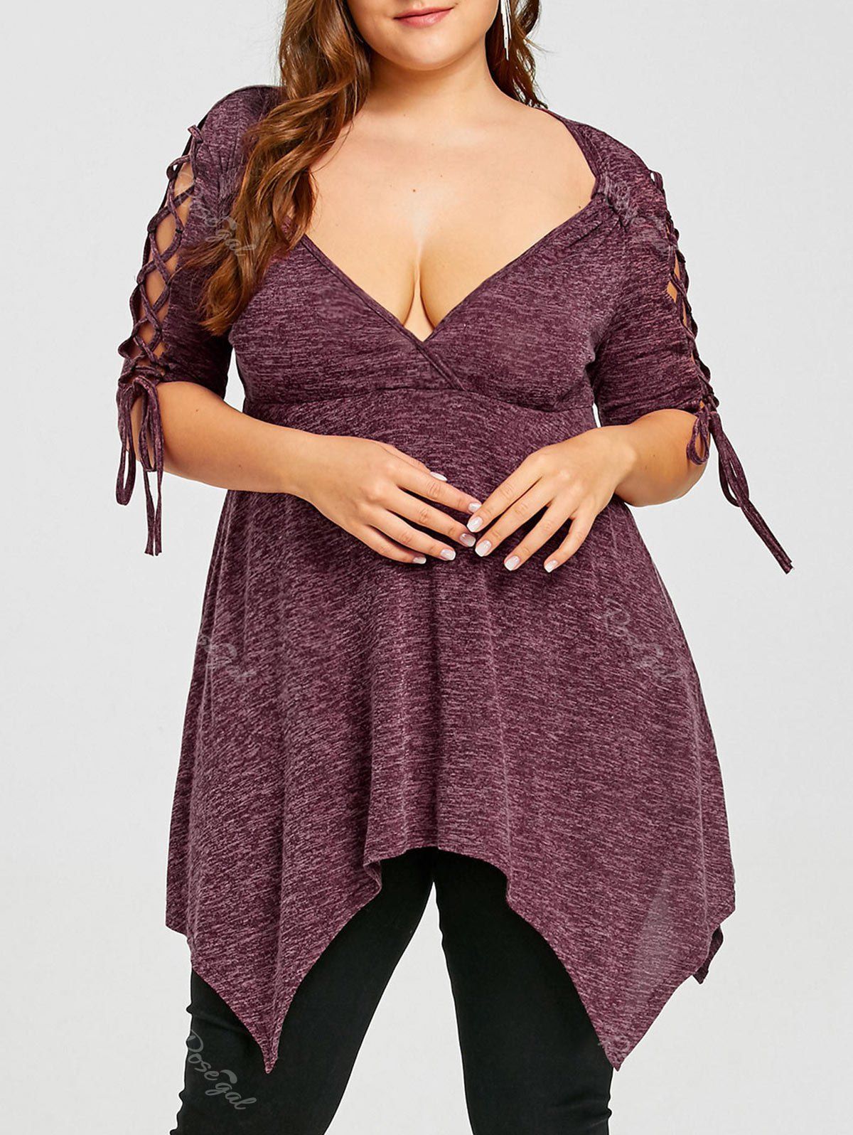 [63% OFF] Plus Size Lace Up Handkerchief Top | Rosegal