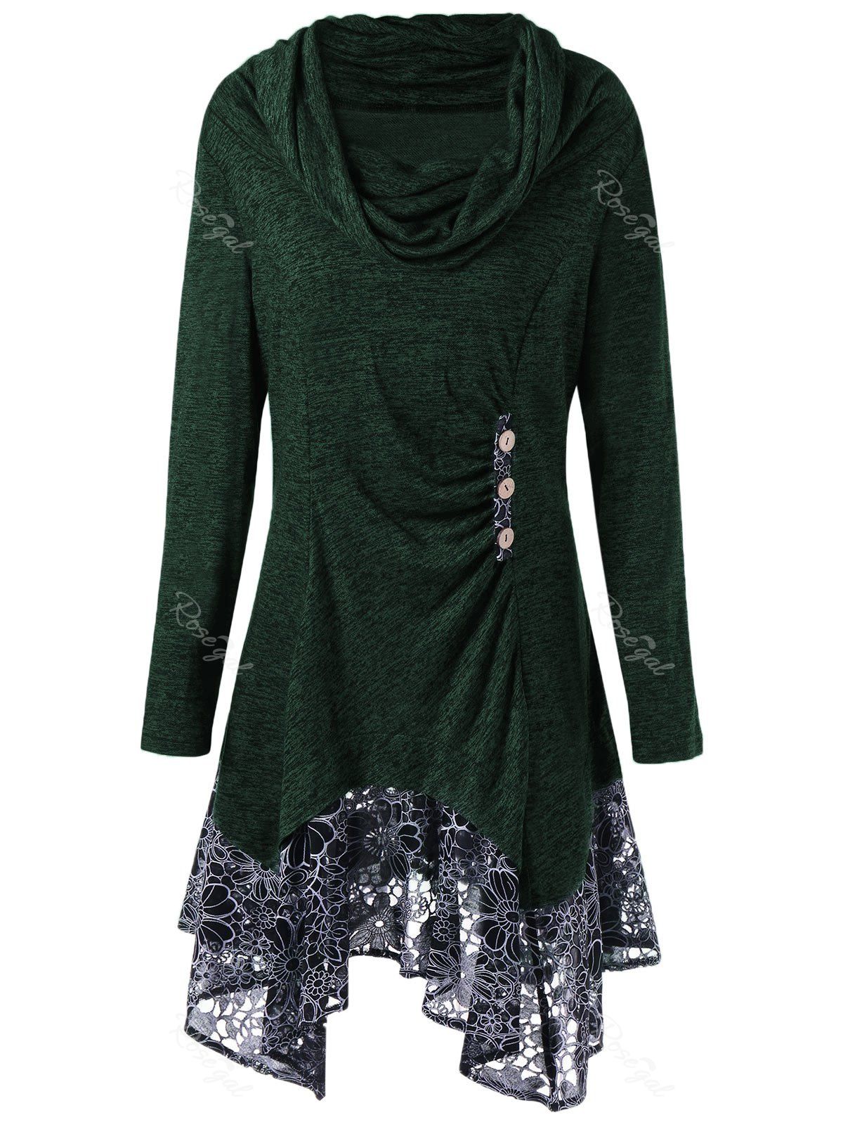 

Plus Size Floral Cowl Neck Longline Top, Blackish green