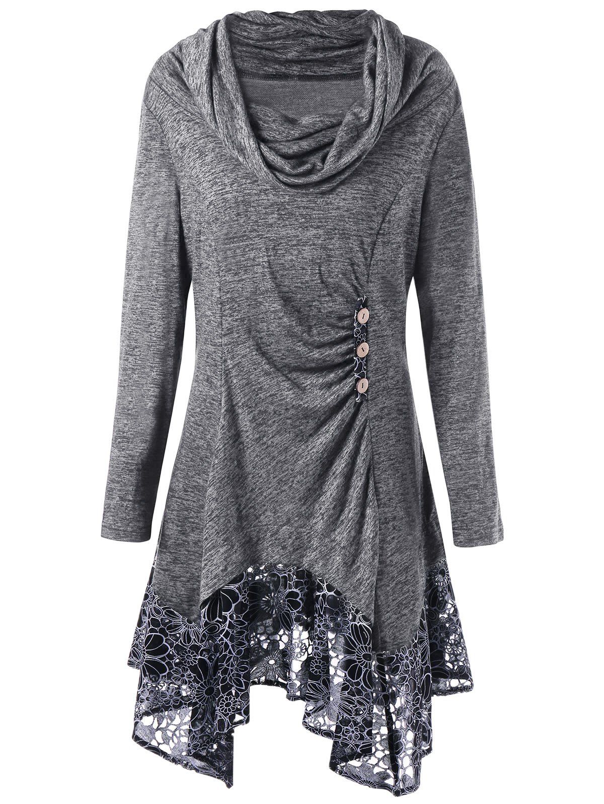

Plus Size Floral Cowl Neck Longline Top, Gray