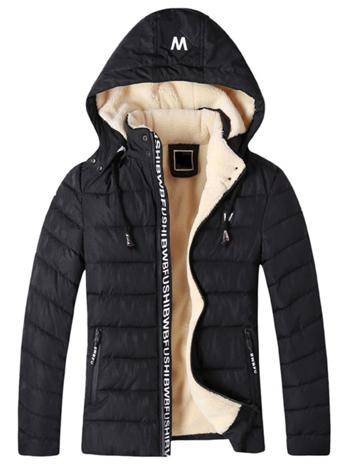 

Detachable Hooded Fleece Padded Zip Up Jacket, Black