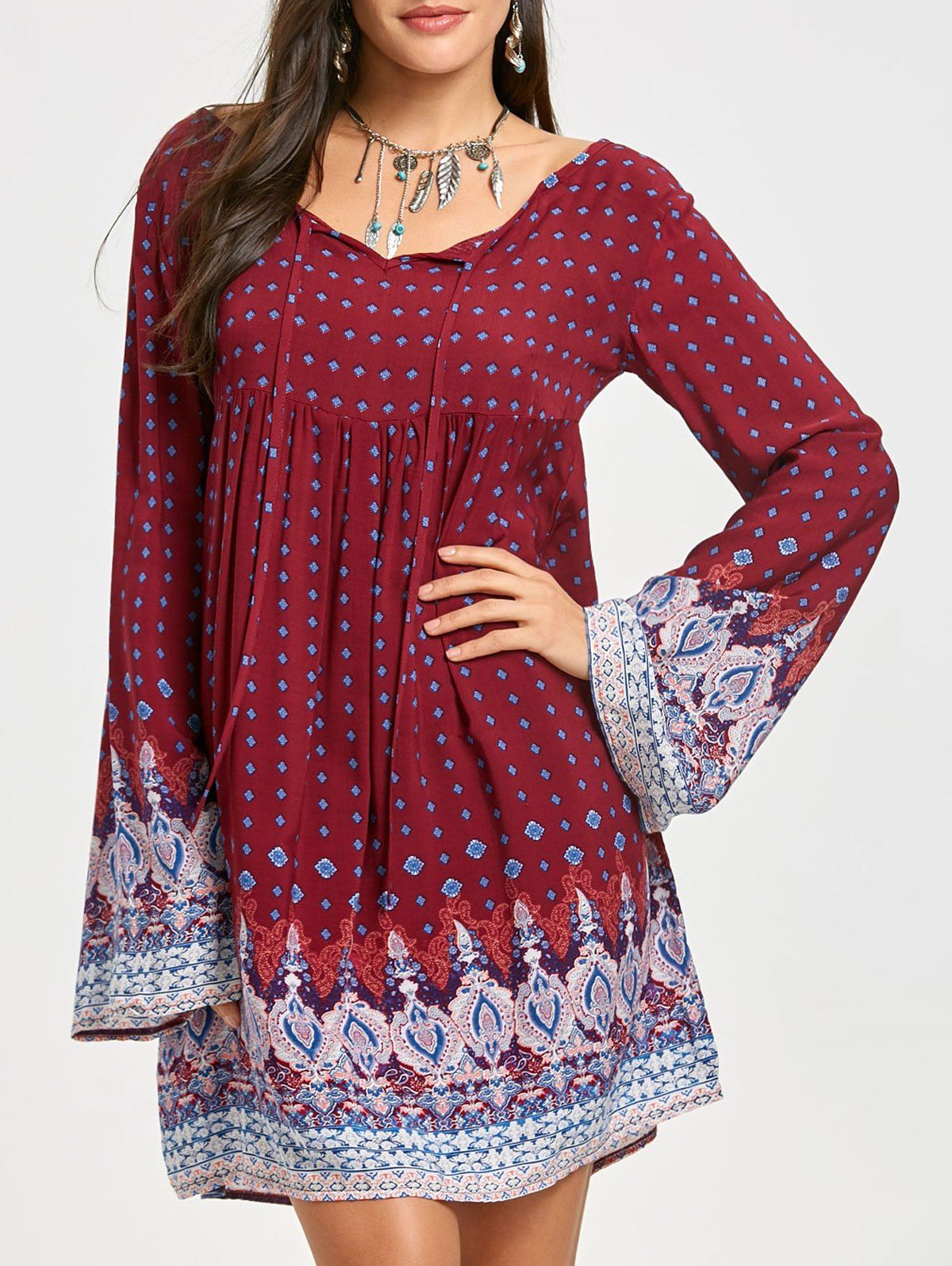 

Tribal Print Bell Sleeve Mini Dress, Wine red