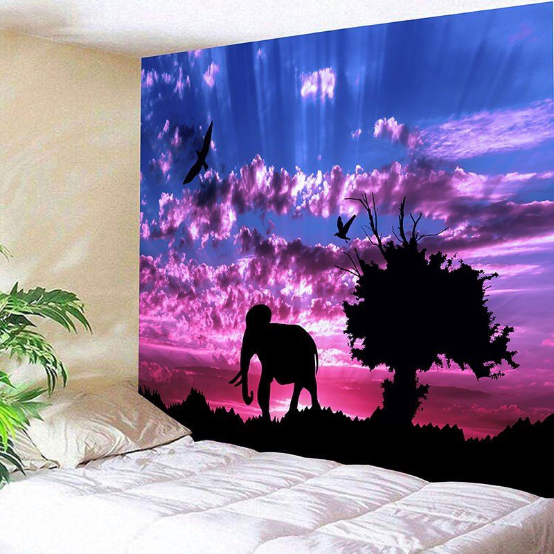 

Landscape Wall Hanging Elephant and Tree Printed Tapestry, Colormix
