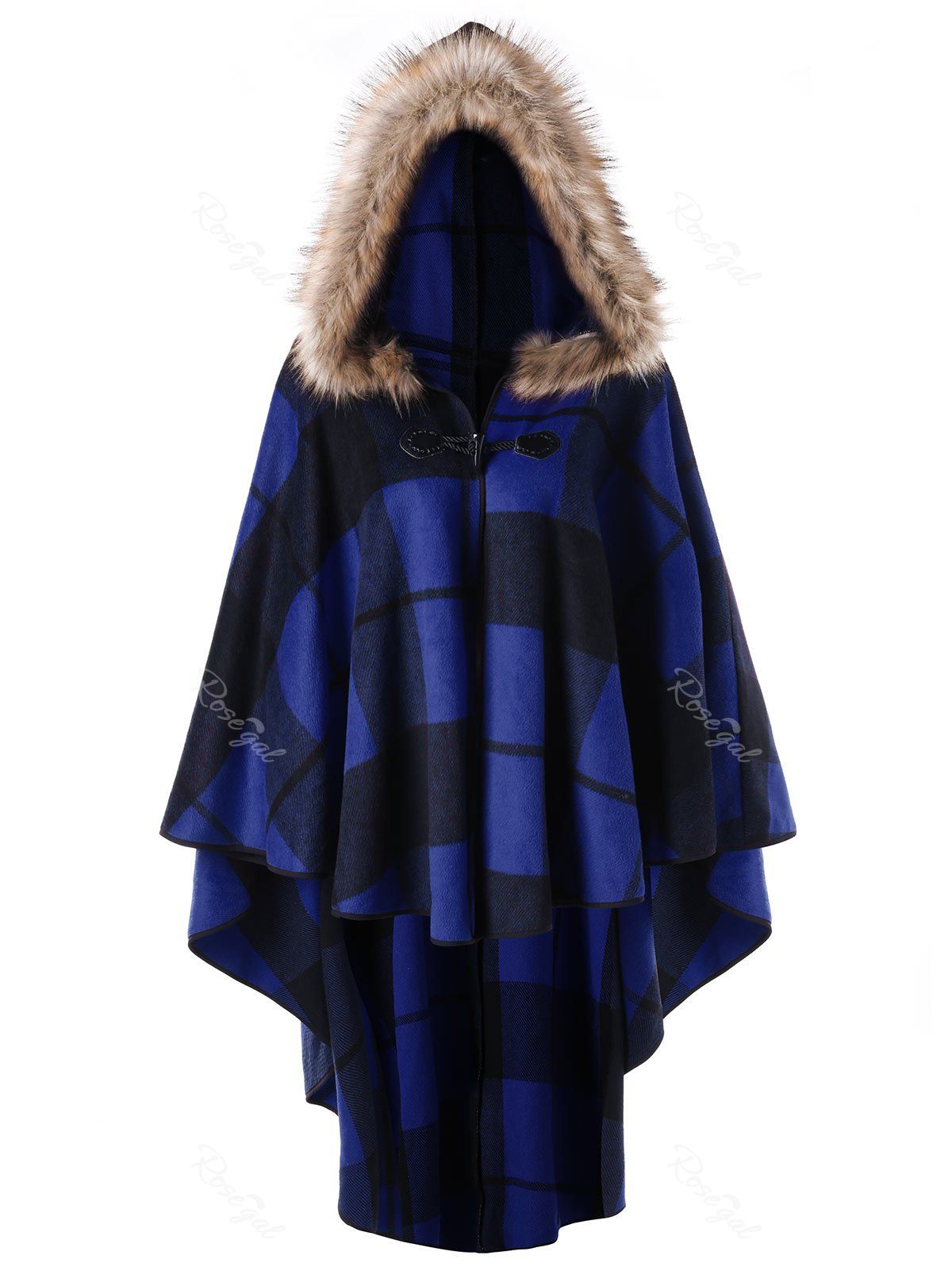 

Plus Size High Low Plaid Hooded Cloak, Blue