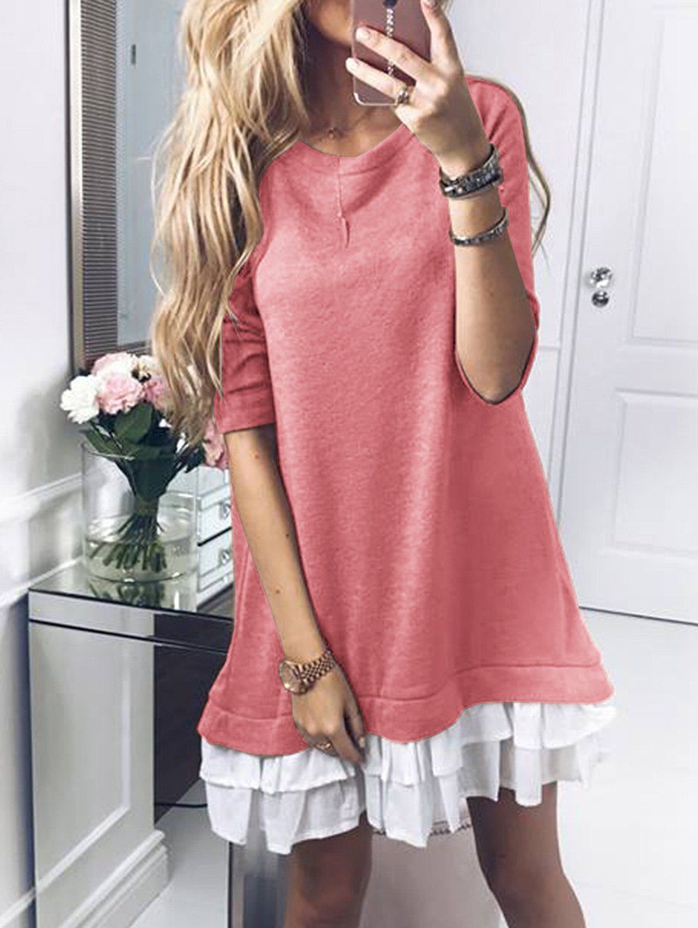 

Half Sleeve Round Neck Sweatshirt Dress, Pink