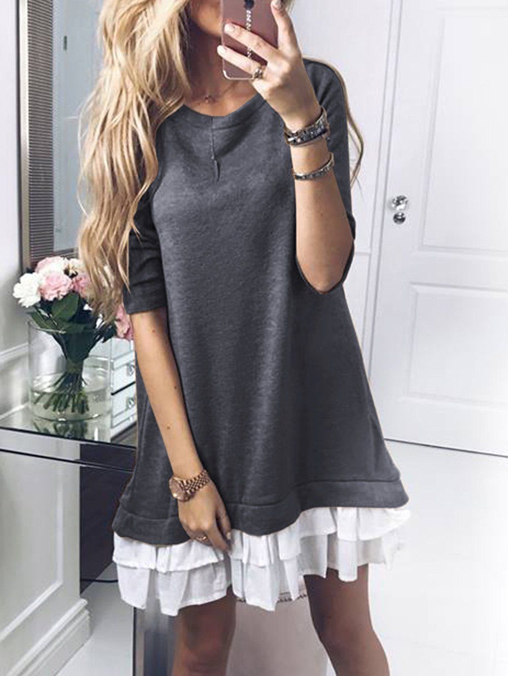 

Half Sleeve Round Neck Sweatshirt Dress, Gray