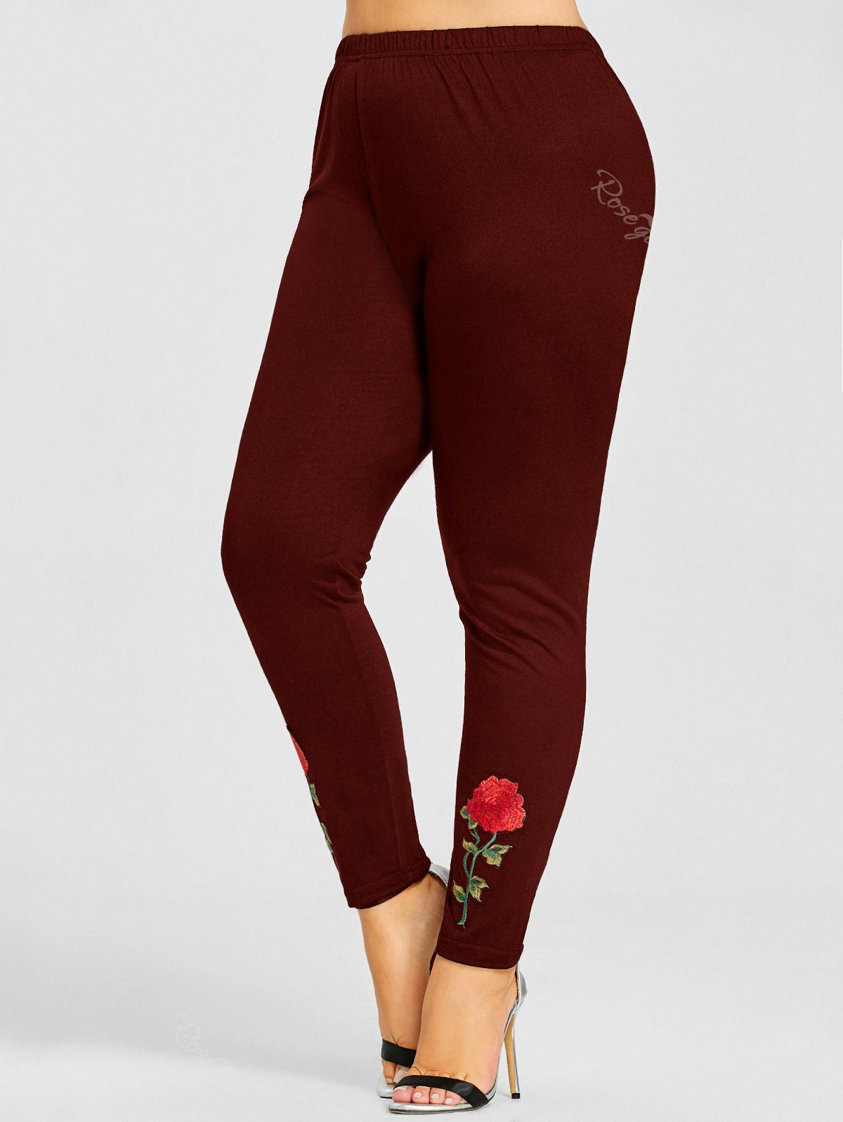 

Plus Size Flower Applique Leggings, Wine red
