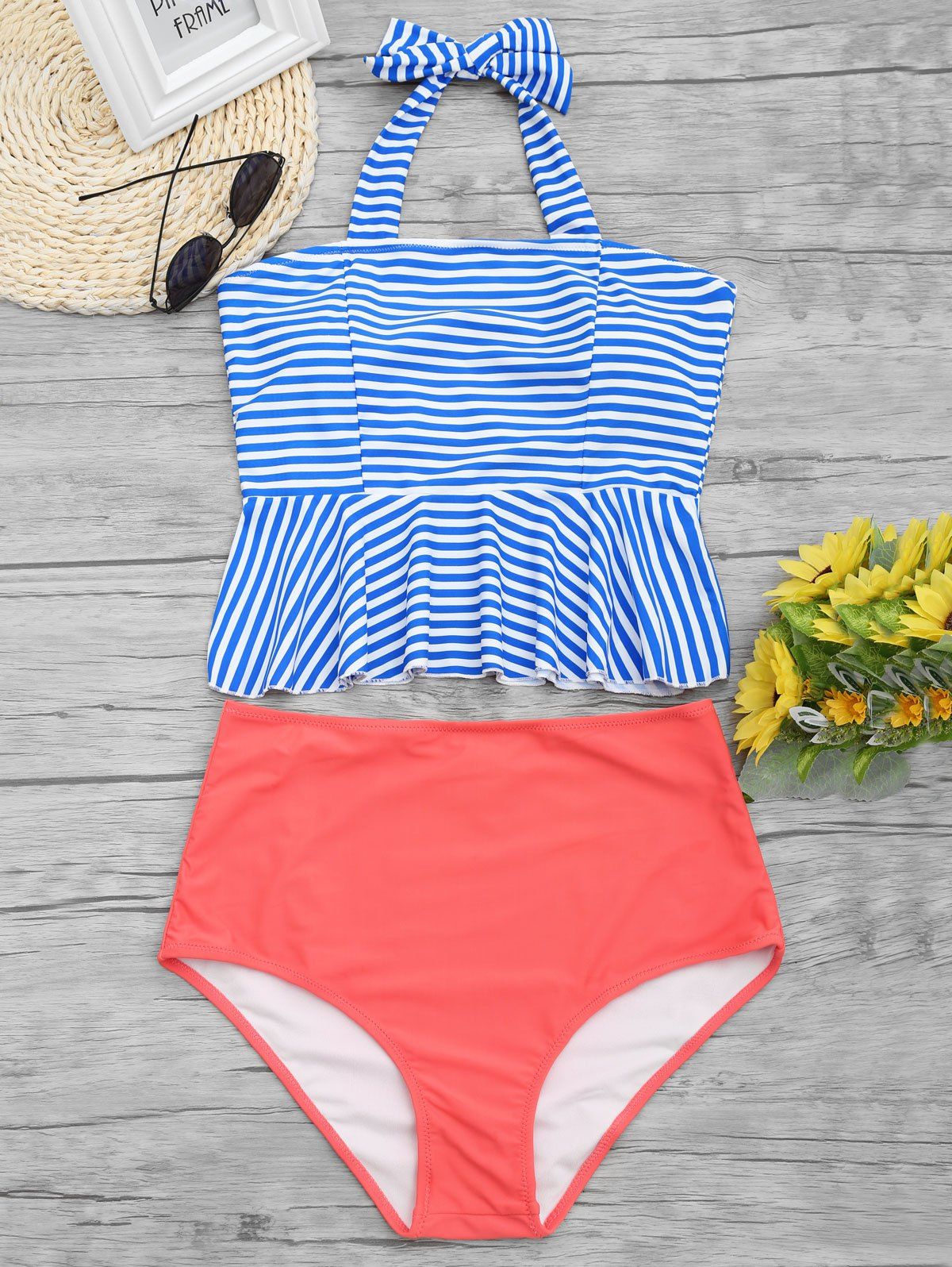 [43% OFF] High Waist Striped Peplum Tankini Swimsuit | Rosegal